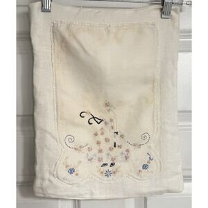 Vintage Hand Embroidered Linen Distressed Pillow‎ Cover Sham 11.5"X 15" Dainty